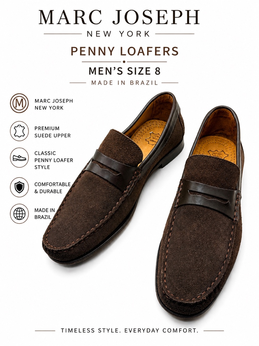 Marc Joseph New York Brown Suede Penny Loafers Men’s Size 8 Made in Brazil